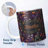 Personalized Custom Name Spooky Haunted Houses Pumpkins Bats Night Seamless Pattern Name Cute 11oz Ceramic Coffee Tea Mug White Large Handle