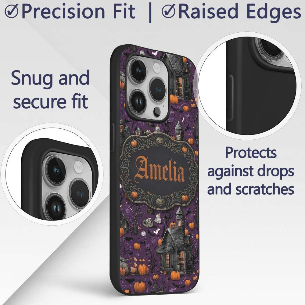 Spooky Haunted Houses Pumpkins Printed Design Custom Name Protective Phone Case Mobile Cover Durable Everyday Smartphone Shock Resistant