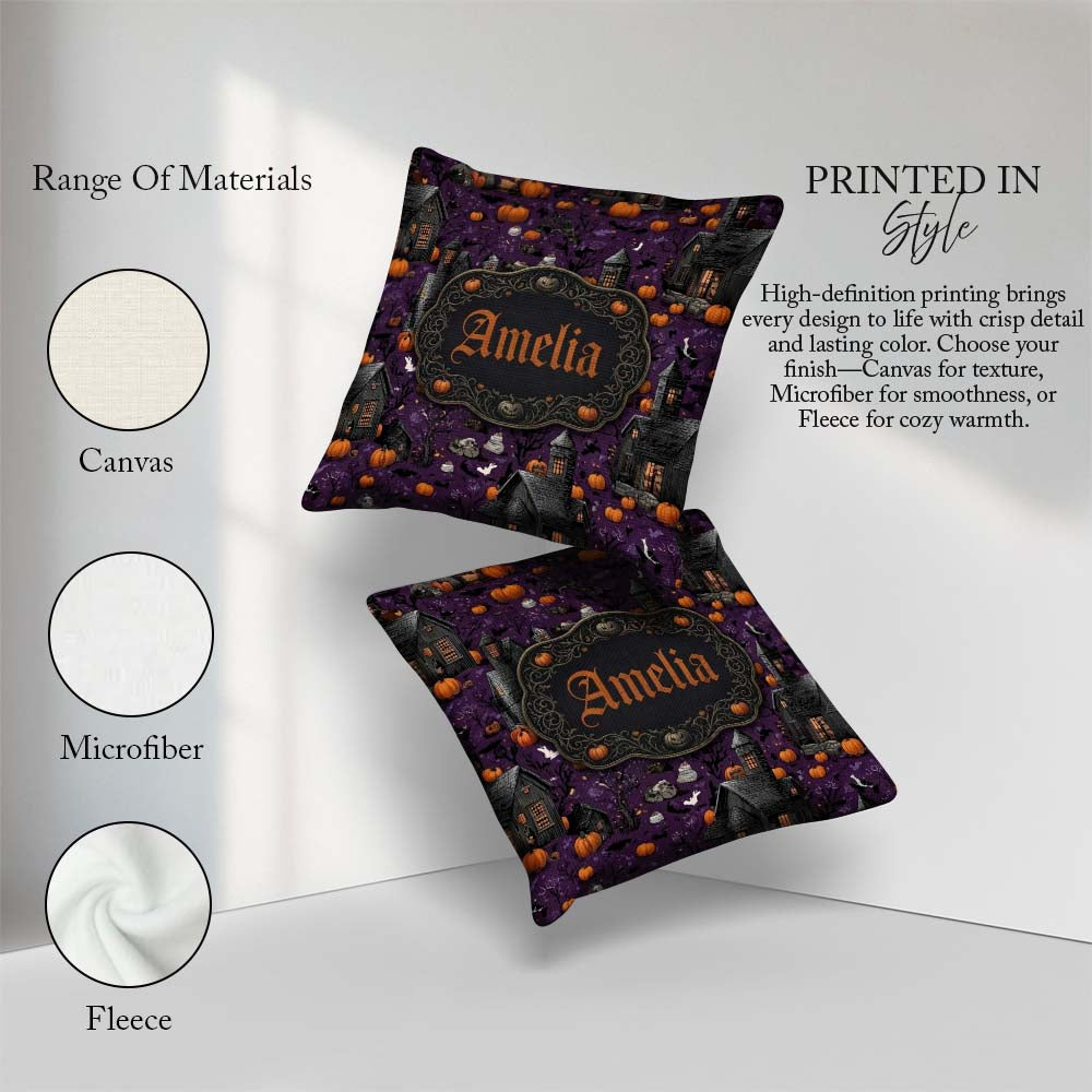 Custom Name Spooky Houses Pumpkins Bats Night Seamless Name Cute Square Filled Cushion Throw Pillow Sofa Bed Home Decor Zip Washable UK Made