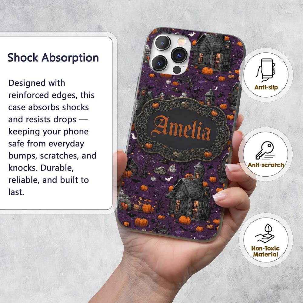 Spooky Haunted Houses Pumpkins Printed Design Custom Name Protective Phone Case Mobile Cover Durable Everyday Smartphone Shock Resistant