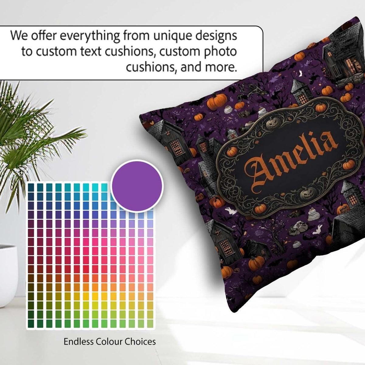 Custom Name Spooky Houses Pumpkins Bats Night Seamless Name Cute Square Filled Cushion Throw Pillow Sofa Bed Home Decor Zip Washable UK Made