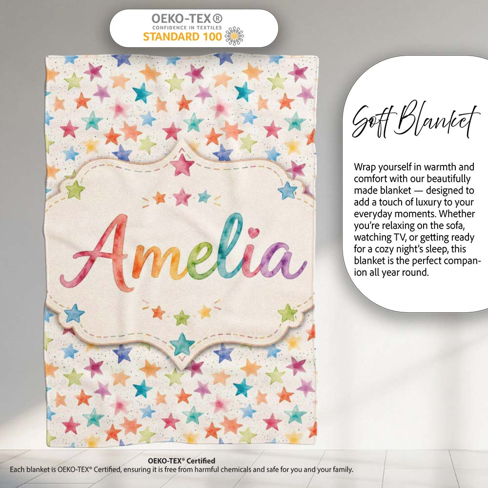 Colorful Watercolor Stars Soft Pastel Seamless Pattern Name Cute  Personalised Custom Name Super Soft Fleece Blanket Bed Sofa Throw