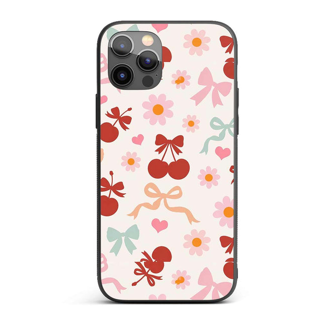Cute Cherry Bow Daisy Heart Seamless Pattern on Custom Name Protective Phone Case Mobile Cover Durable Everyday Smartphone Shock Resistant
