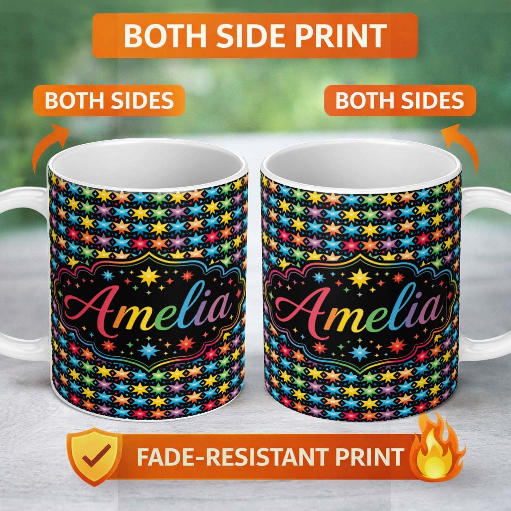 Personalized Custom Name Bright Rainbow Star Geometric Seamless Pattern Name Cute Unique Gift 11oz Ceramic Coffee Tea Mug White Large Handle