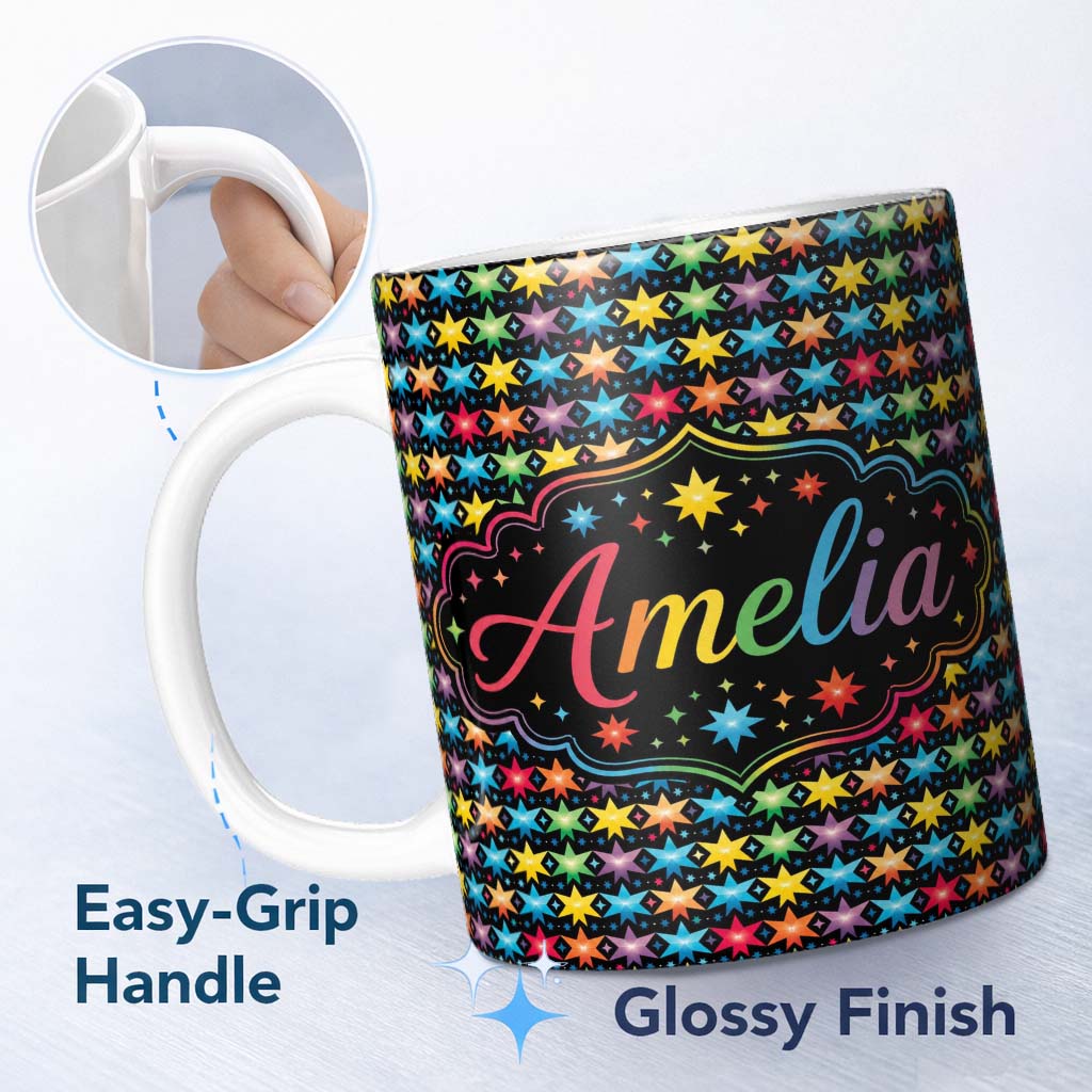 Personalized Custom Name Bright Rainbow Star Geometric Seamless Pattern Name Cute Unique Gift 11oz Ceramic Coffee Tea Mug White Large Handle