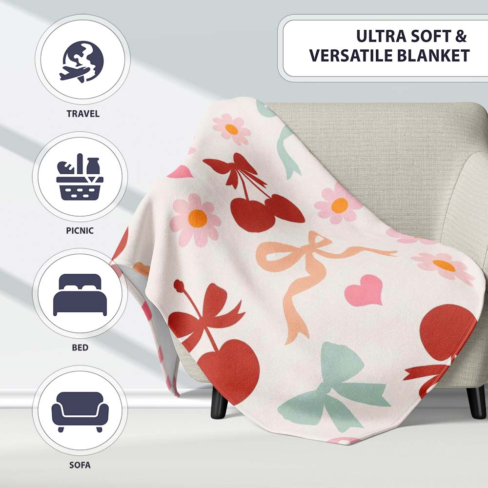 Cute Cherry Bow Daisy Heart Seamless Pattern on Light Neutral Cream  Personalised Custom Name Super Soft Fleece Blanket Bed Sofa Throw