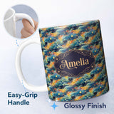 Personalized Custom Name Dreamy Galaxy Waves Stars Artistic Seamless Pattern Name Cute 11oz Ceramic Coffee Tea Mug White Large Handle