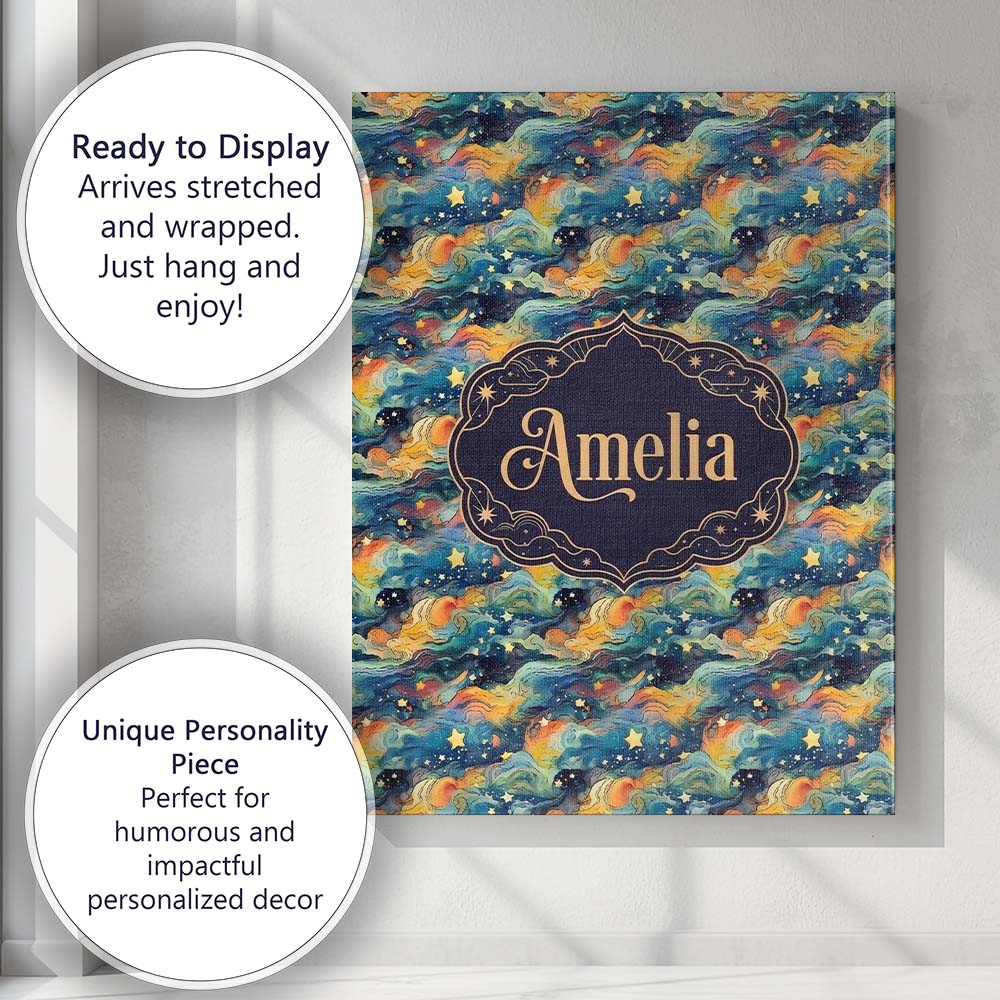 Personalised Name Dreamy Galaxy Waves Stars Custom  Bespoke Interior Contemporary Canvas Wall Art Print Decor Picture Ready to Hang