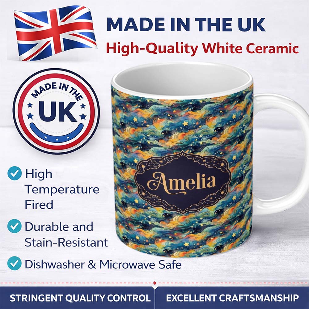 Personalized Custom Name Dreamy Galaxy Waves Stars Artistic Seamless Pattern Name Cute 11oz Ceramic Coffee Tea Mug White Large Handle