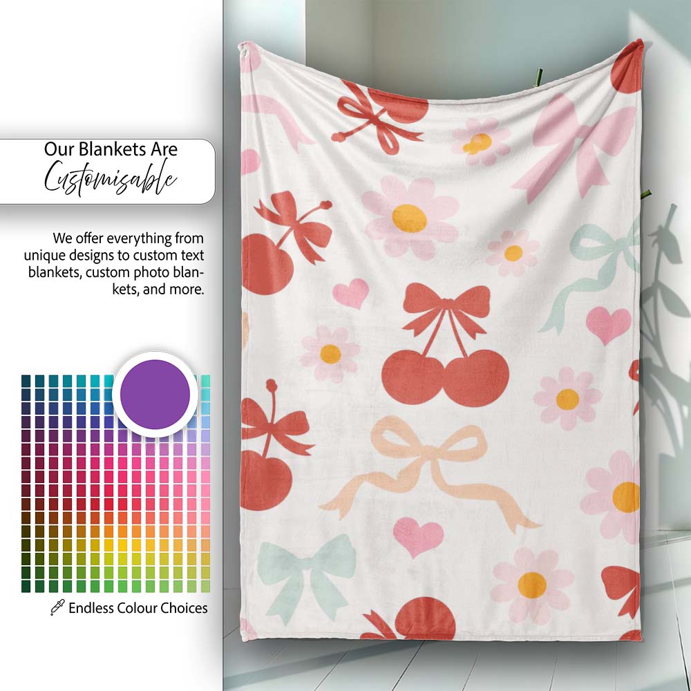Cute Cherry Bow Daisy Heart Seamless Pattern on Light Neutral Cream  Personalised Custom Name Super Soft Fleece Blanket Bed Sofa Throw