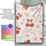 Cute Cherry Bow Daisy Heart Seamless Pattern on Light Neutral Cream  Personalised Custom Name Super Soft Fleece Blanket Bed Sofa Throw