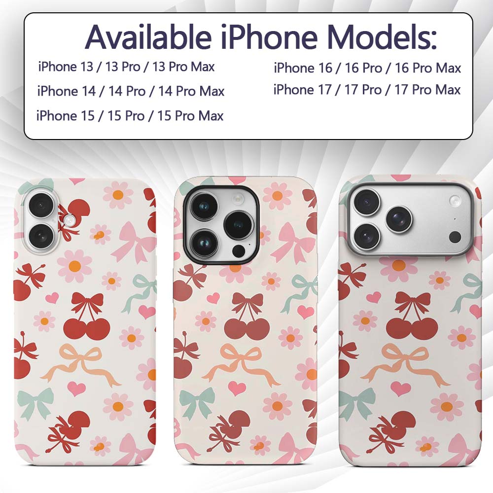 Cute Cherry Bow Daisy Heart Seamless Pattern on Custom Name Protective Phone Case Mobile Cover Durable Everyday Smartphone Shock Resistant