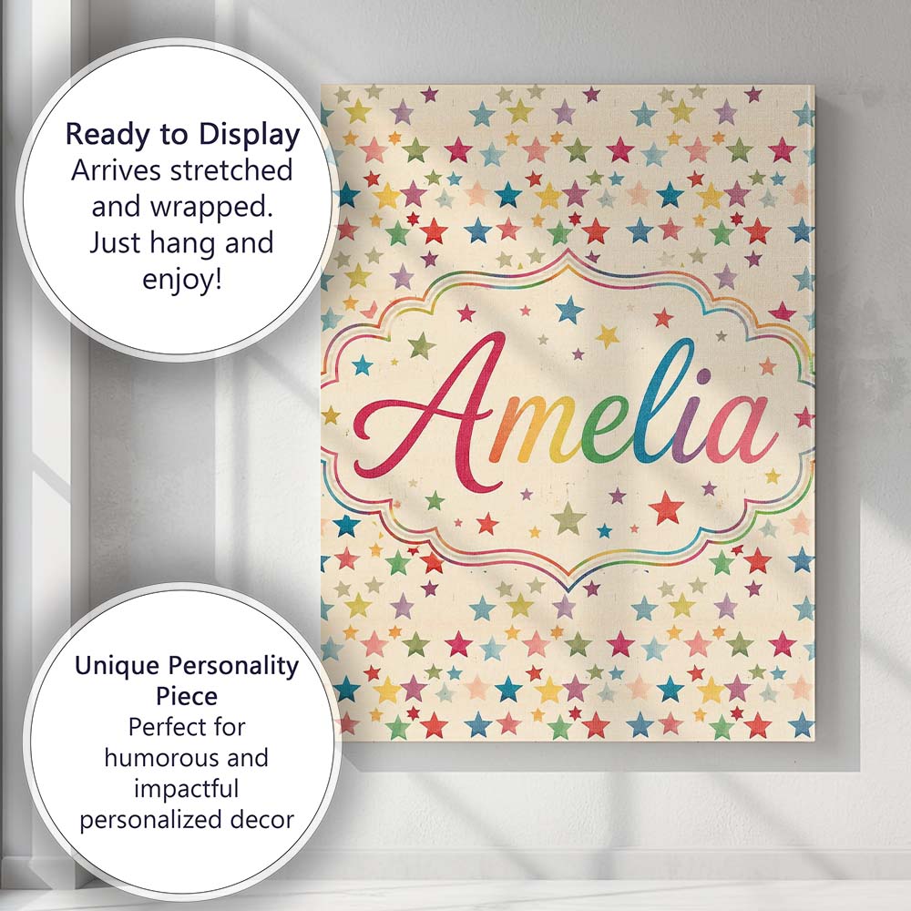 Personalised Name Colorful Scattered Stars Custom  Unique Gift Idea Elegant Feature Canvas Wall Art Print Decor Picture Ready to Hang