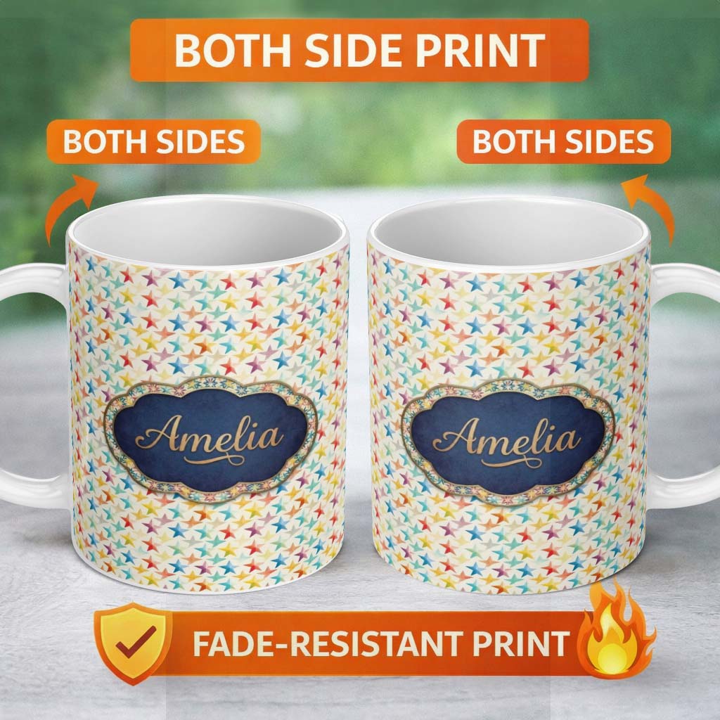 Personalized Custom Name Soft Pastel Rainbow Stars Seamless Pattern Name Cute Unique Gift 11oz Ceramic Coffee Tea Mug White Large Handle