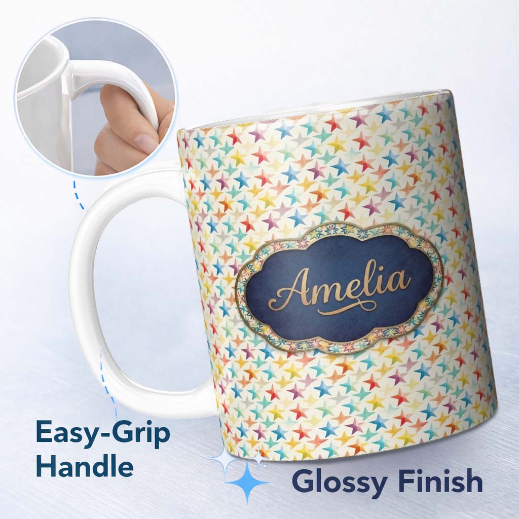 Personalized Custom Name Soft Pastel Rainbow Stars Seamless Pattern Name Cute Unique Gift 11oz Ceramic Coffee Tea Mug White Large Handle