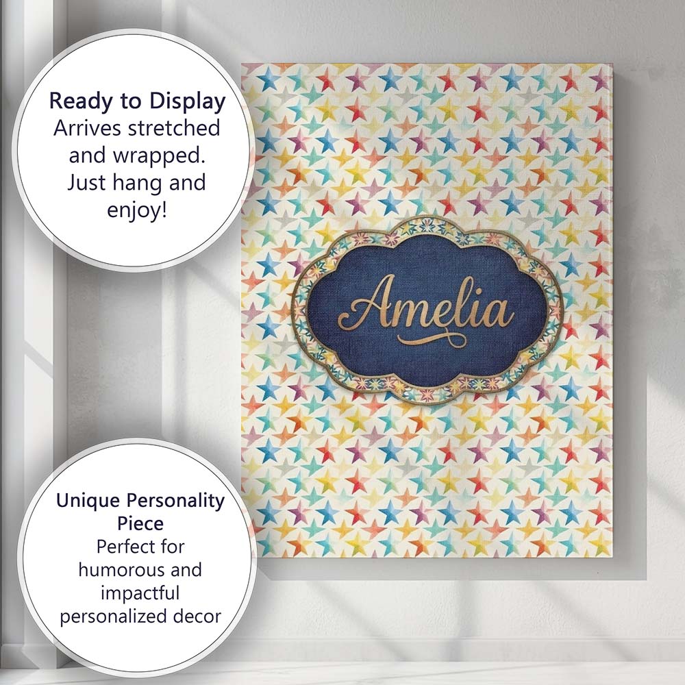 Personalised Name Soft Pastel Rainbow Stars Custom  Bespoke Interior Contemporary Canvas Wall Art Print Decor Picture Ready to Hang