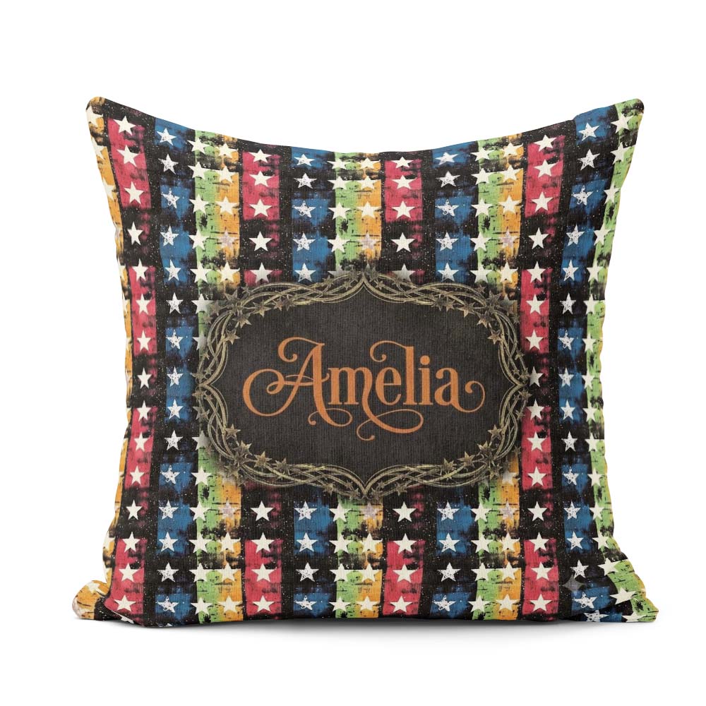Custom Name Grunge Rainbow Stripe Stars Dark Background Seamless Square Filled Cushion Throw Pillow Sofa Bed Home Decor Zip Washable UK Made