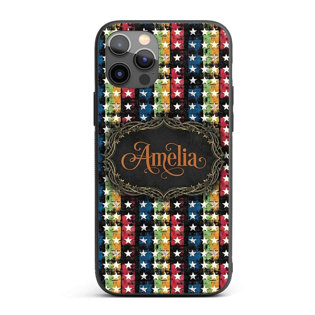 Grunge Rainbow Stripe Stars Dark Printed Design Custom Name Protective Phone Case Mobile Cover Durable Everyday Smartphone Shock Resistant