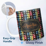 Personalized Custom Name Grunge Rainbow Stripe Stars Dark Background Seamless Pattern Name 11oz Ceramic Coffee Tea Mug White Large Handle