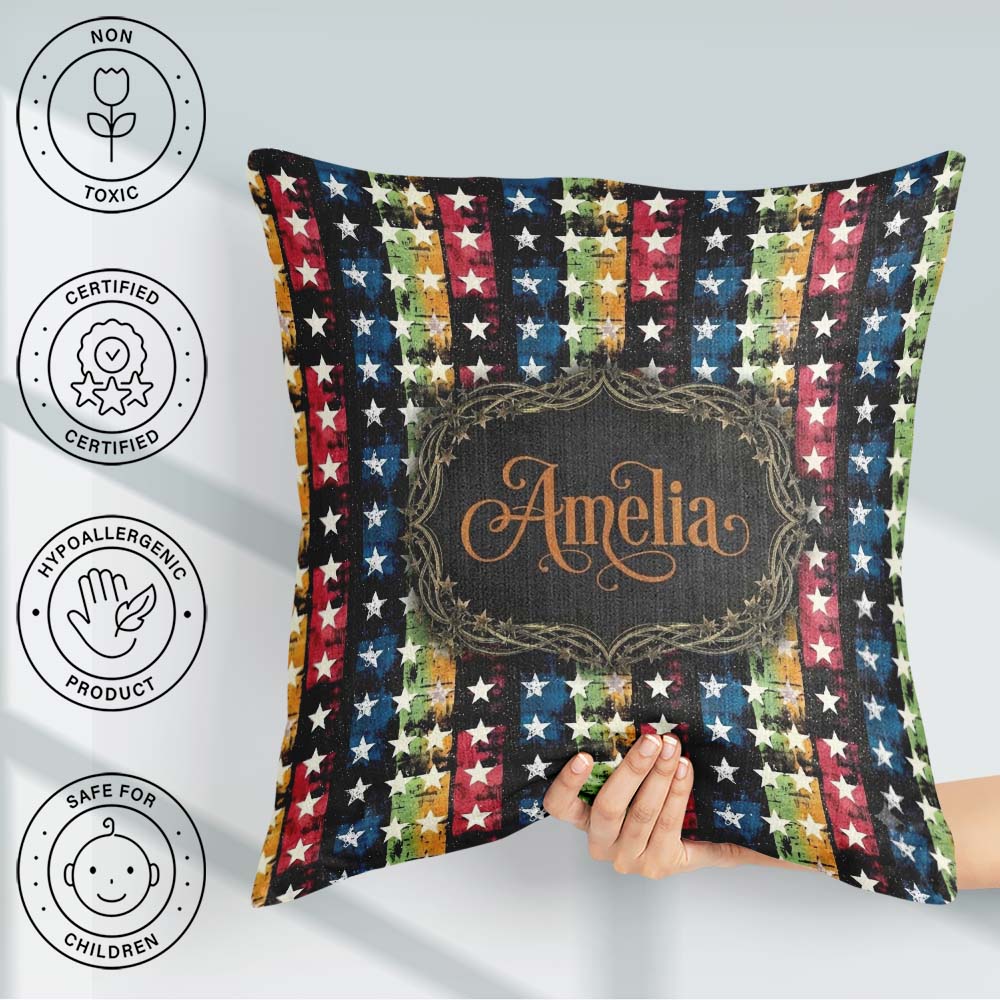 Custom Name Grunge Rainbow Stripe Stars Dark Background Seamless Square Filled Cushion Throw Pillow Sofa Bed Home Decor Zip Washable UK Made