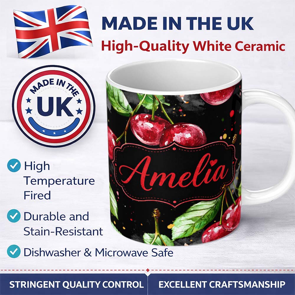 Personalized Custom Name Watercolor Cherry Fruit Dark Artistic Splash Seamless Pattern Lovely 11oz Ceramic Coffee Tea Mug White Large Handle