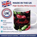 Personalized Custom Name Watercolor Cherry Fruit Dark Artistic Splash Seamless Pattern Lovely 11oz Ceramic Coffee Tea Mug White Large Handle