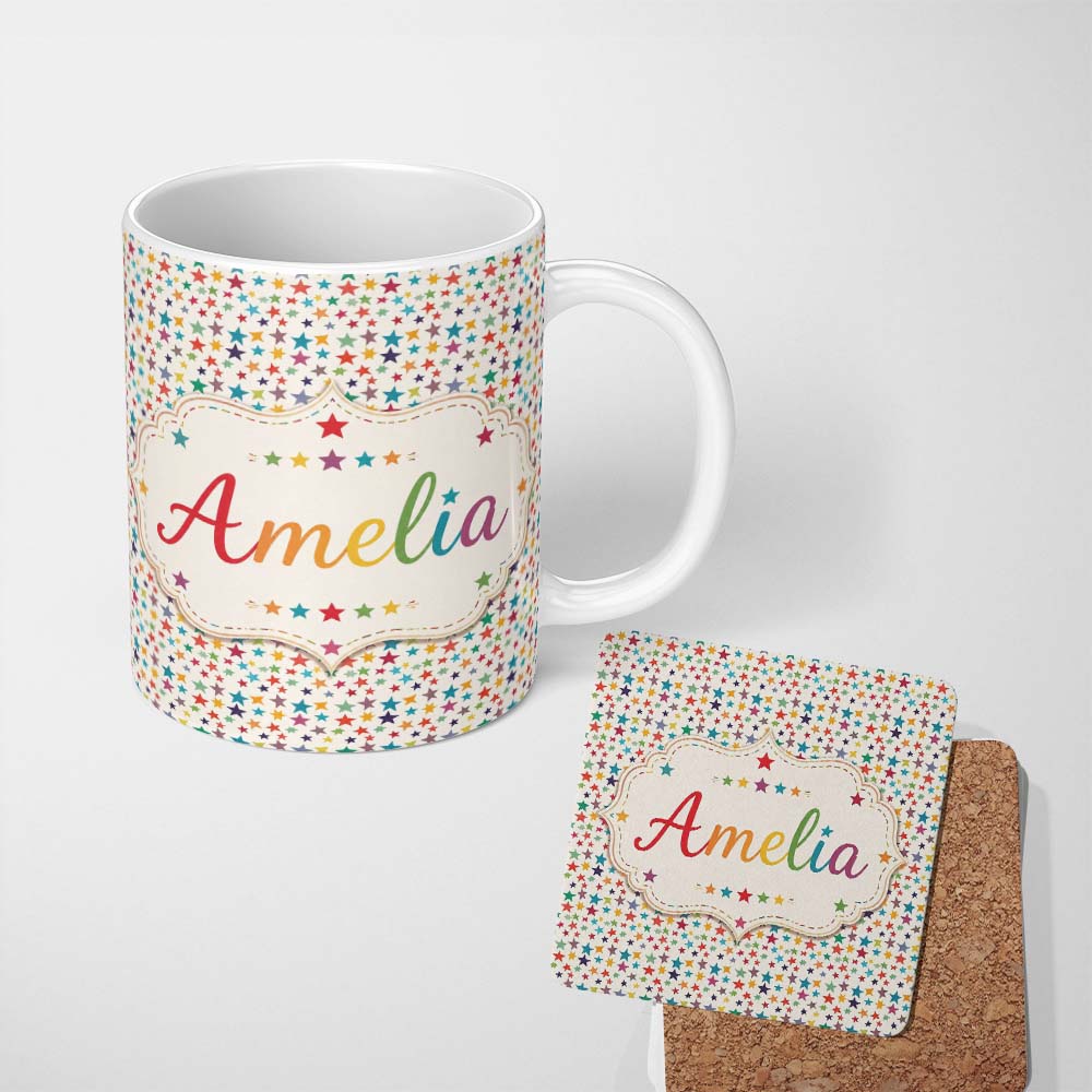 Personalized Custom Name Bright Multicolor Star Scatter Seamless Pattern Name Cute Unique 11oz Ceramic Coffee Tea Mug White Large Handle