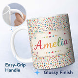 Personalized Custom Name Bright Multicolor Star Scatter Seamless Pattern Name Cute Unique 11oz Ceramic Coffee Tea Mug White Large Handle