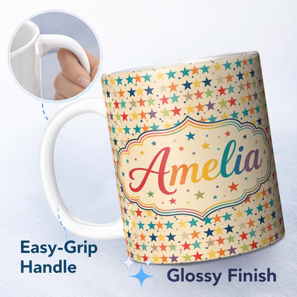 Personalized Custom Name Horizontal Stripe Stars Vintage Style Seamless Pattern Name Cute 11oz Ceramic Coffee Tea Mug White Large Handle
