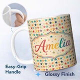 Personalized Custom Name Horizontal Stripe Stars Vintage Style Seamless Pattern Name Cute 11oz Ceramic Coffee Tea Mug White Large Handle