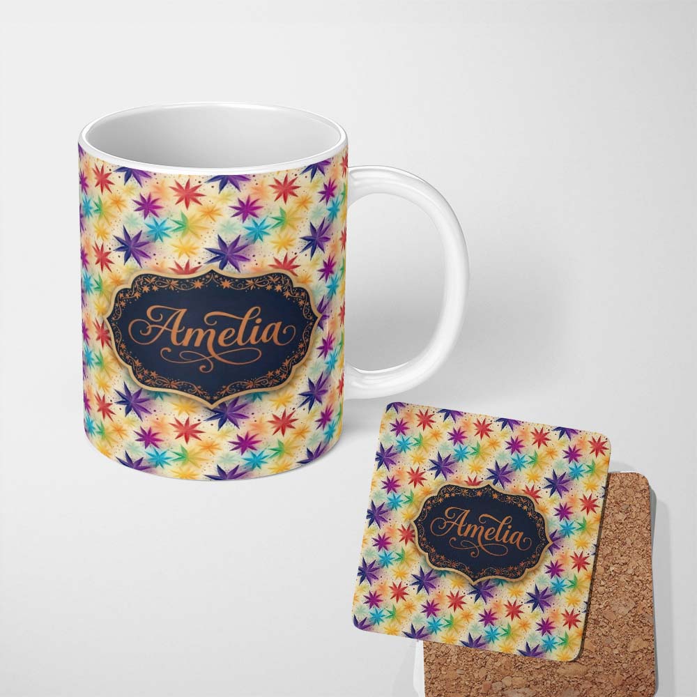 Personalized Custom Name Colorful Floral Starburst Abstract Seamless Pattern Name Cute 11oz Ceramic Coffee Tea Mug White Large Handle
