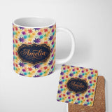 Personalized Custom Name Colorful Floral Starburst Abstract Seamless Pattern Name Cute 11oz Ceramic Coffee Tea Mug White Large Handle