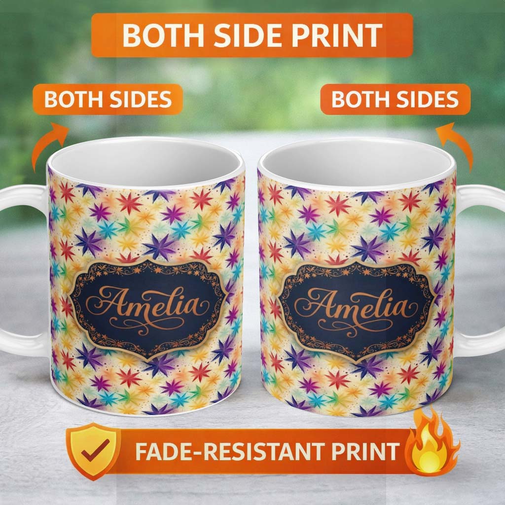 Personalized Custom Name Colorful Floral Starburst Abstract Seamless Pattern Name Cute 11oz Ceramic Coffee Tea Mug White Large Handle