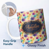 Personalized Custom Name Colorful Floral Starburst Abstract Seamless Pattern Name Cute 11oz Ceramic Coffee Tea Mug White Large Handle