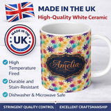 Personalized Custom Name Colorful Floral Starburst Abstract Seamless Pattern Name Cute 11oz Ceramic Coffee Tea Mug White Large Handle