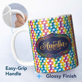 Personalized Custom Name Geometric Rainbow Star Tile Seamless Pattern Name Cute Unique Gift 11oz Ceramic Coffee Tea Mug White Large Handle