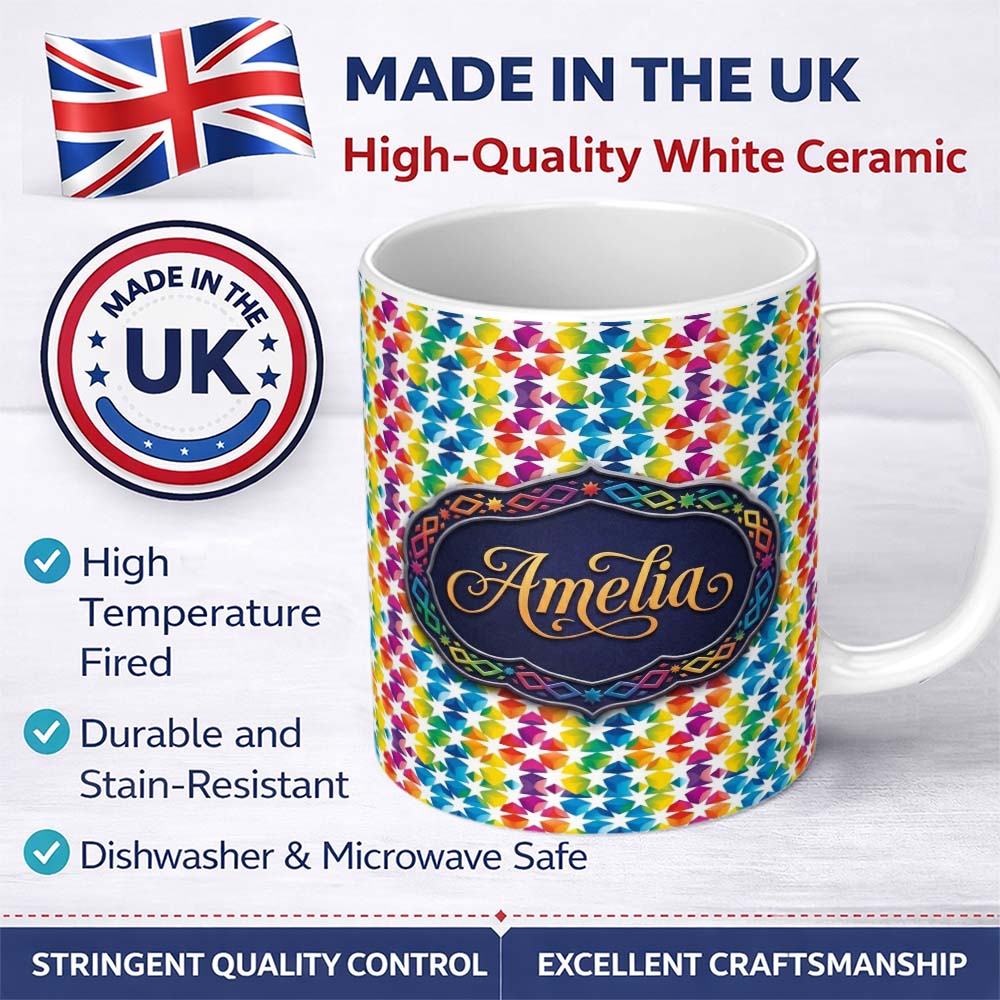 Personalized Custom Name Geometric Rainbow Star Tile Seamless Pattern Name Cute Unique Gift 11oz Ceramic Coffee Tea Mug White Large Handle