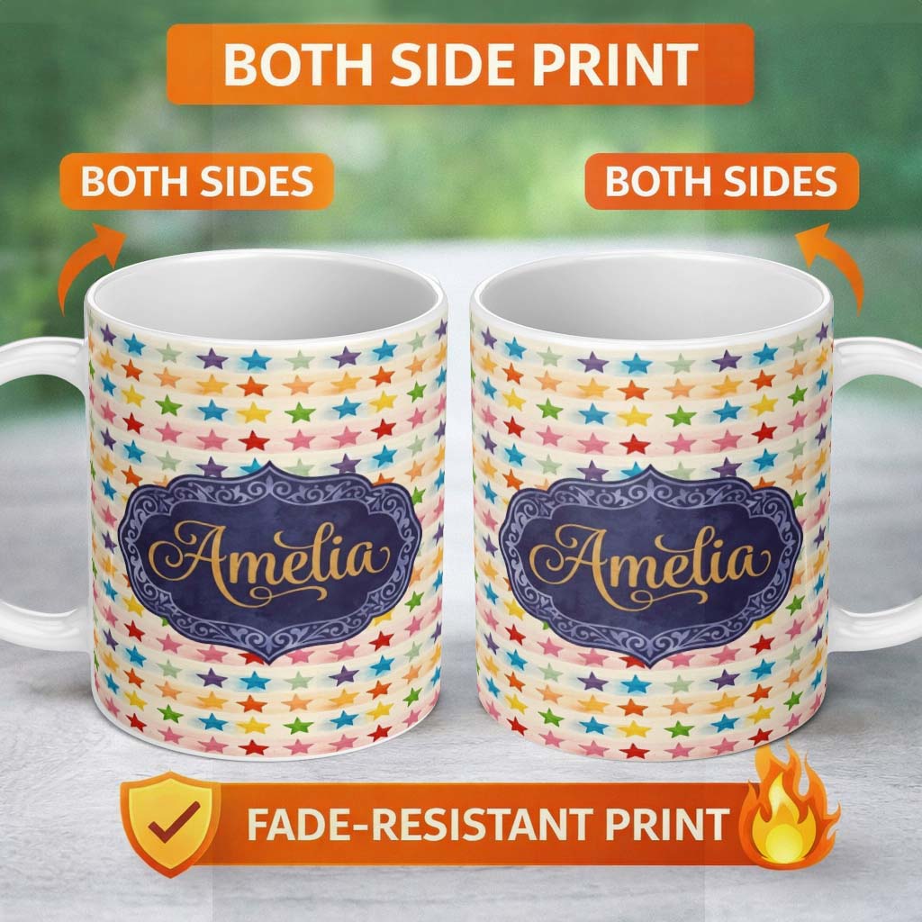 Personalized Custom Name Watercolor Stripe Rainbow Stars Soft Pastel Seamless Pattern Name 11oz Ceramic Coffee Tea Mug White Large Handle