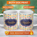 Personalized Custom Name Watercolor Stripe Rainbow Stars Soft Pastel Seamless Pattern Name 11oz Ceramic Coffee Tea Mug White Large Handle