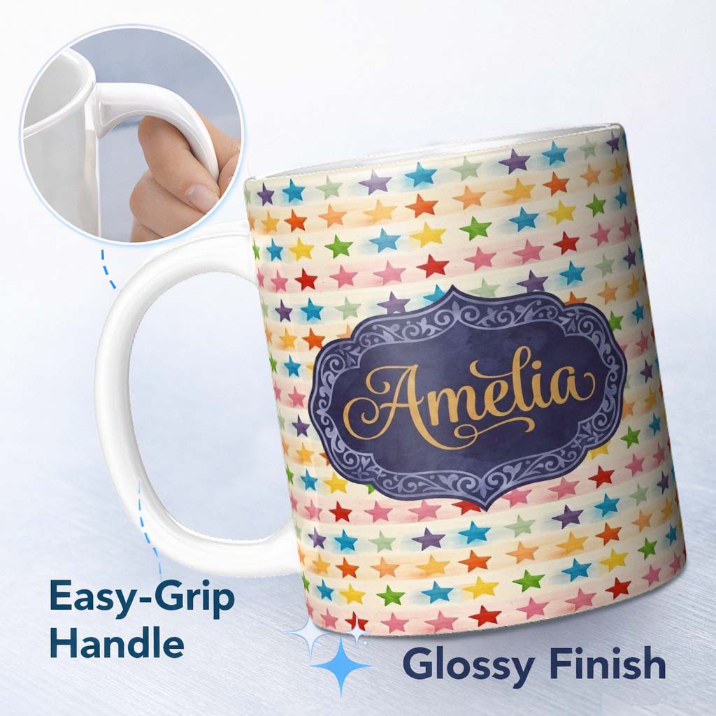 Personalized Custom Name Watercolor Stripe Rainbow Stars Soft Pastel Seamless Pattern Name 11oz Ceramic Coffee Tea Mug White Large Handle