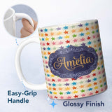 Personalized Custom Name Watercolor Stripe Rainbow Stars Soft Pastel Seamless Pattern Name 11oz Ceramic Coffee Tea Mug White Large Handle