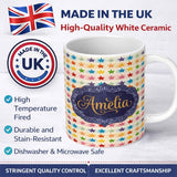 Personalized Custom Name Watercolor Stripe Rainbow Stars Soft Pastel Seamless Pattern Name 11oz Ceramic Coffee Tea Mug White Large Handle
