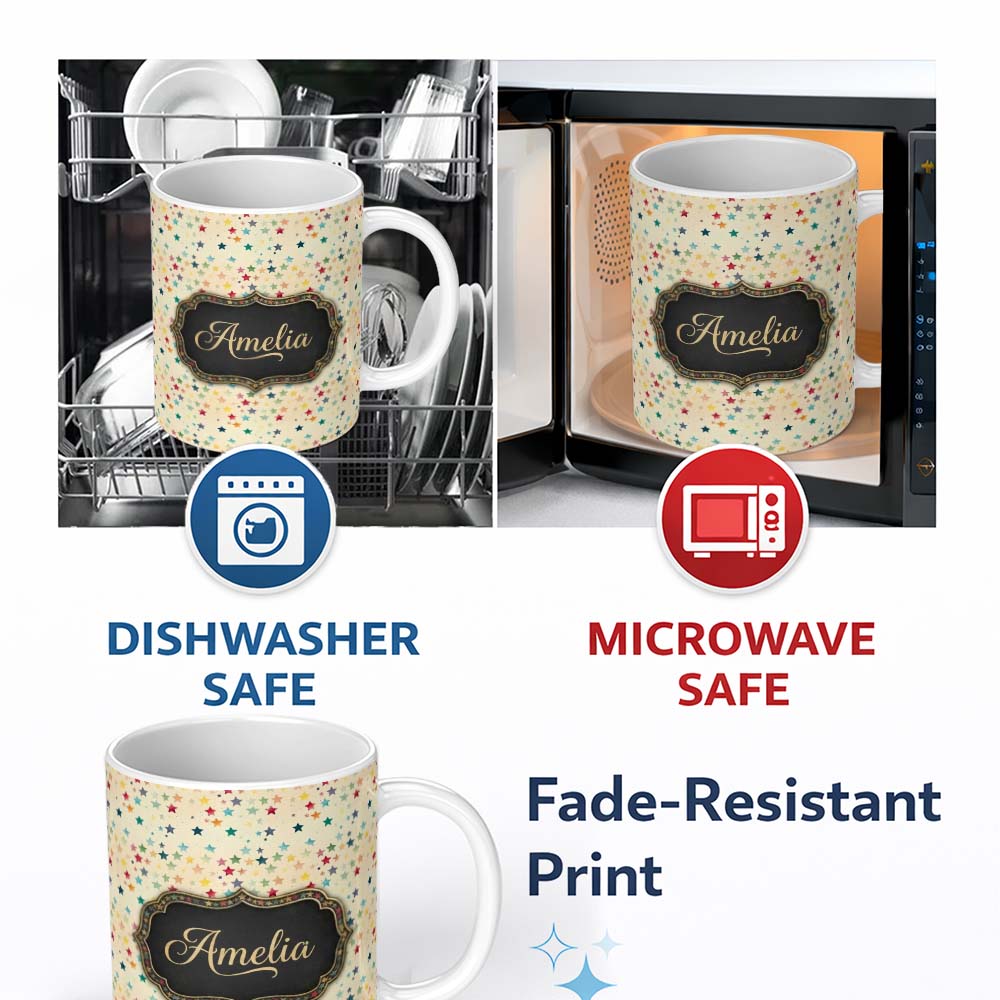 Personalized Custom Name Soft Pastel Multicolor Stars Subtle Speckled Background Seamless 11oz Ceramic Coffee Tea Mug White Large Handle