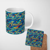 Personalized Custom Name Vibrant Galaxy Swirl Stars Cosmic Night Sky Seamless Pattern Name 11oz Ceramic Coffee Tea Mug White Large Handle