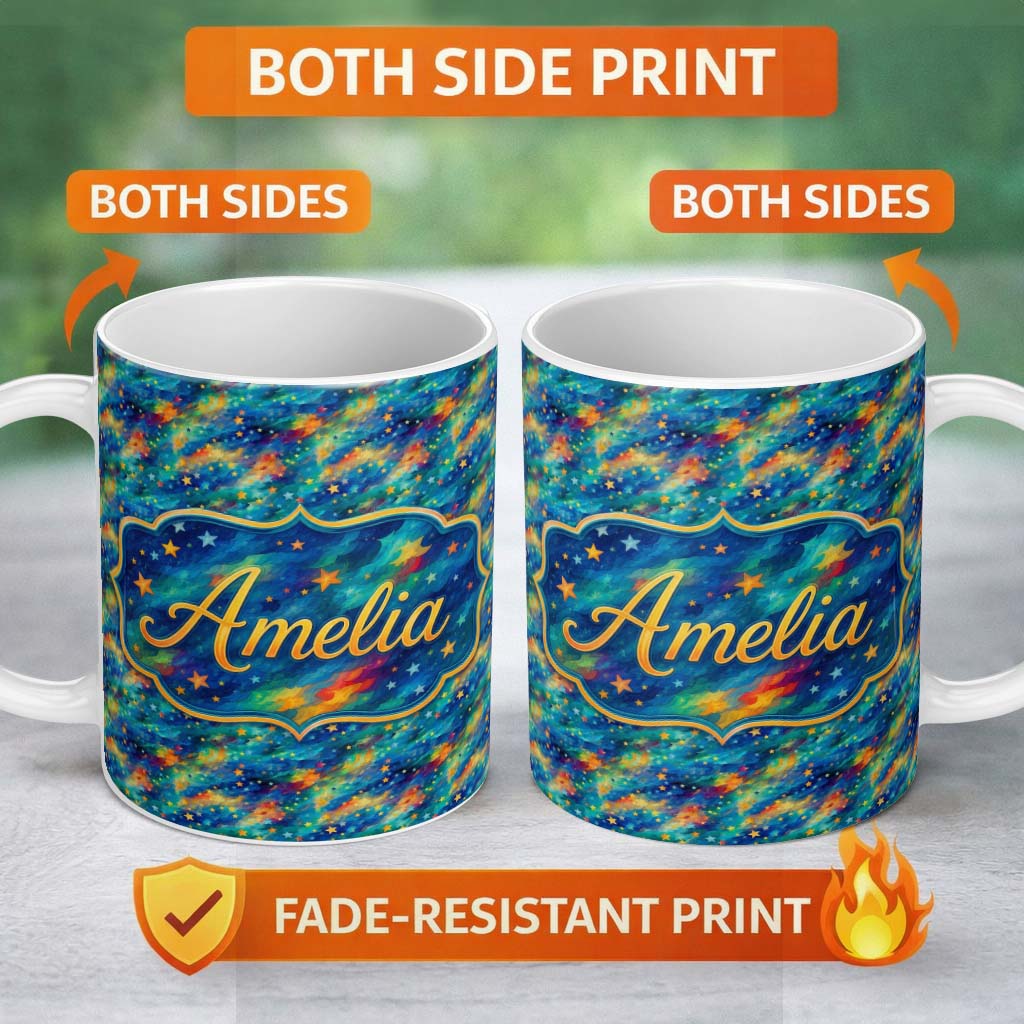 Personalized Custom Name Vibrant Galaxy Swirl Stars Cosmic Night Sky Seamless Pattern Name 11oz Ceramic Coffee Tea Mug White Large Handle