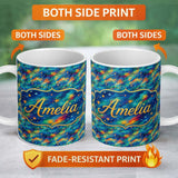 Personalized Custom Name Vibrant Galaxy Swirl Stars Cosmic Night Sky Seamless Pattern Name 11oz Ceramic Coffee Tea Mug White Large Handle