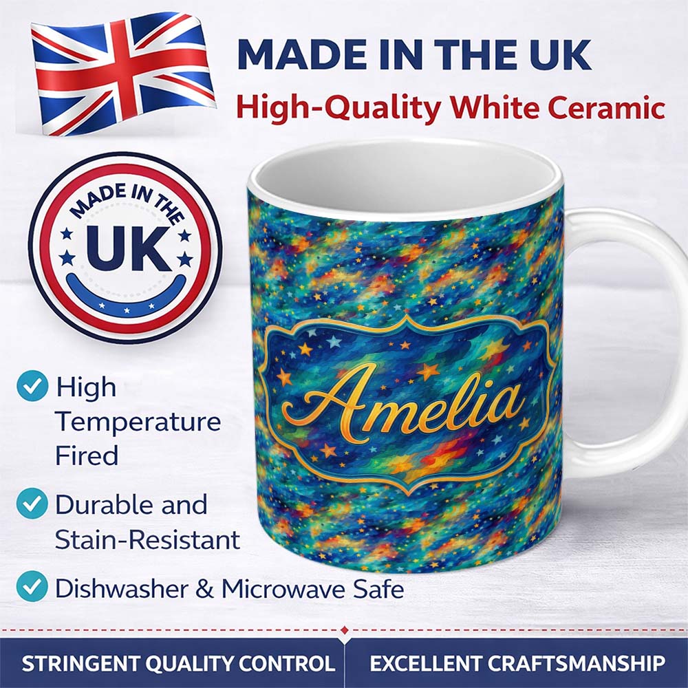 Personalized Custom Name Vibrant Galaxy Swirl Stars Cosmic Night Sky Seamless Pattern Name 11oz Ceramic Coffee Tea Mug White Large Handle