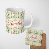Personalized Custom Name Geometric Starburst Multicolor Repeat Seamless Pattern Name Cute 11oz Ceramic Coffee Tea Mug White Large Handle