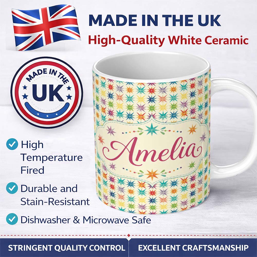 Personalized Custom Name Geometric Starburst Multicolor Repeat Seamless Pattern Name Cute 11oz Ceramic Coffee Tea Mug White Large Handle