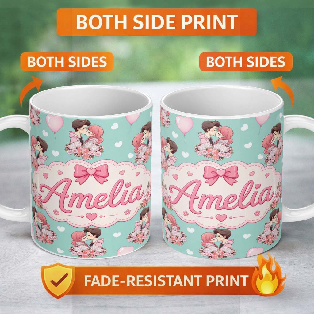 Personalized Custom Name Romantic Couple Kissing Floral Bouquet Hearts Pattern Mint Green 11oz Ceramic Coffee Tea Mug White Large Handle